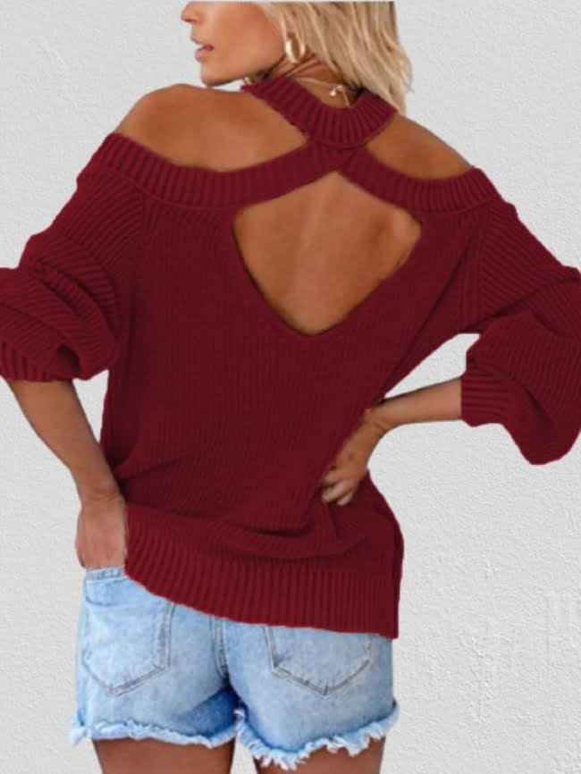 Solid Cool Breeze Cold Shoulder Knitted Sweater 7
