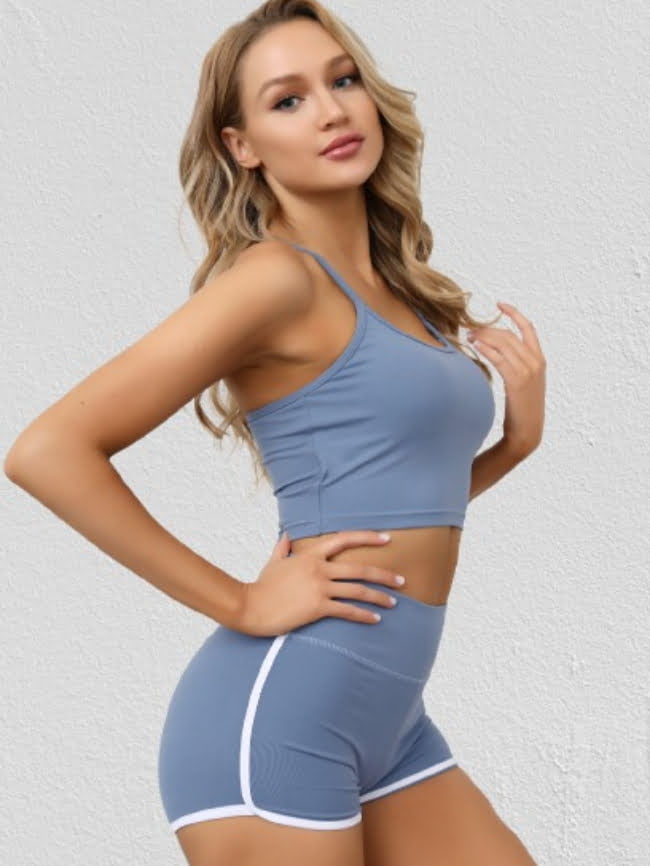 Solid Criss Cross Bra and Shorts Sports Set 3