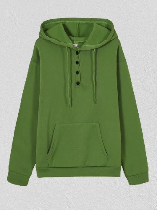 Solid Drawstring Buttoned Pockets Hooded Sweatshirt