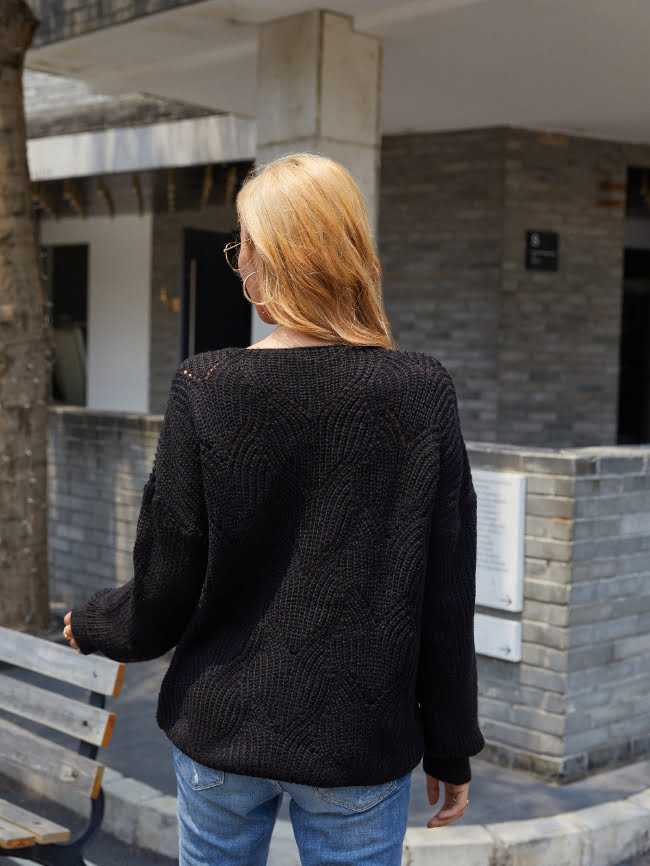 Solid Hollow Drop Shoulder Knitted Sweater 1