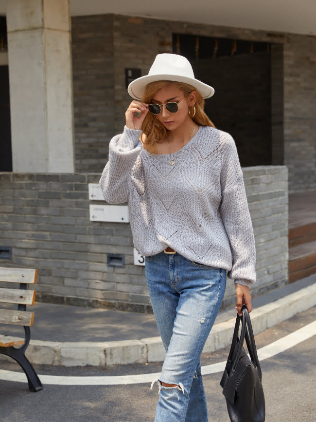 Solid Hollow Drop Shoulder Knitted Sweater 12