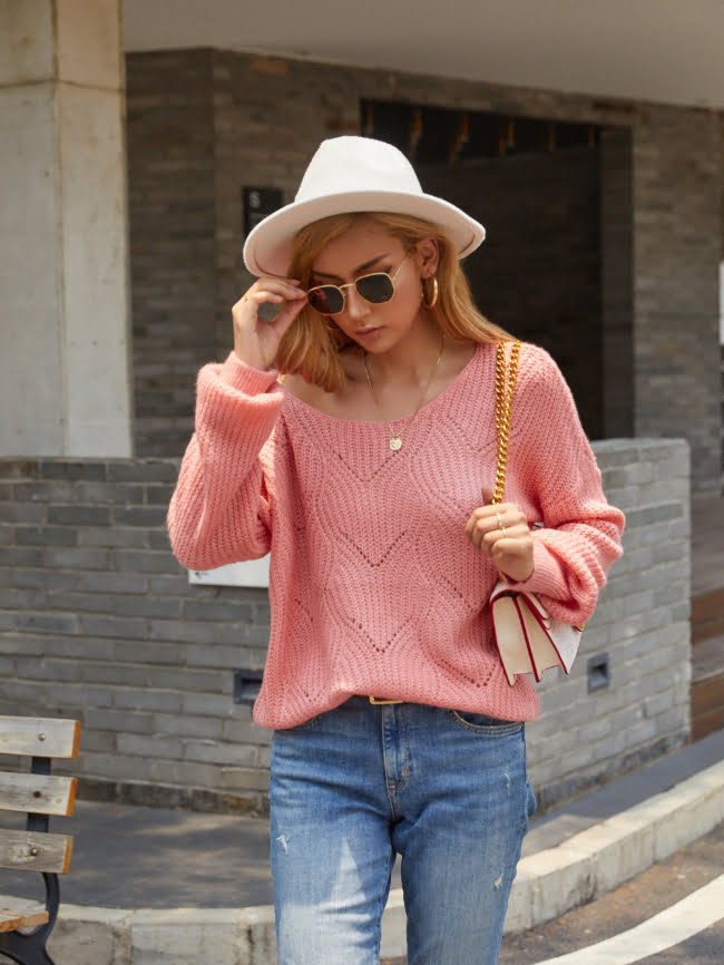 Solid Hollow Drop Shoulder Knitted Sweater 15