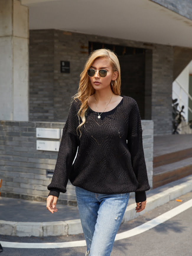 Solid Hollow Drop Shoulder Knitted Sweater 2
