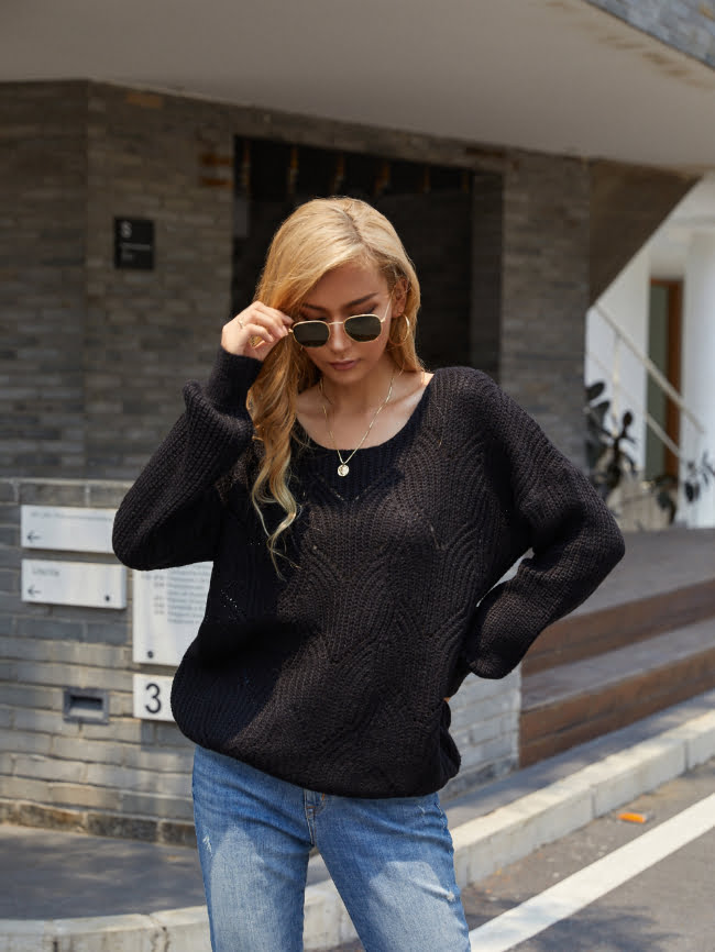 Solid Hollow Drop Shoulder Knitted Sweater 3