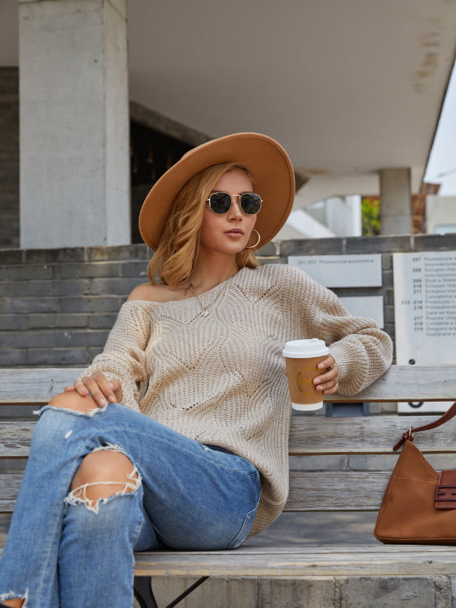Solid Hollow Drop Shoulder Knitted Sweater 8