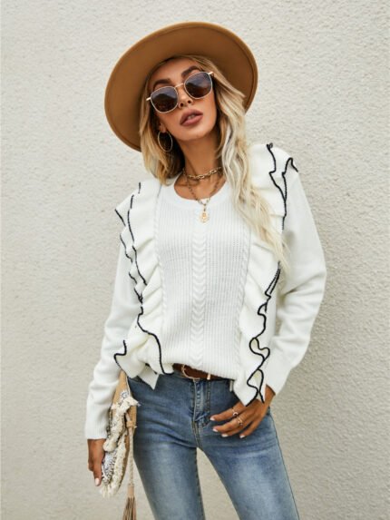 Solid Ruffle Trimed Knit Sweaters