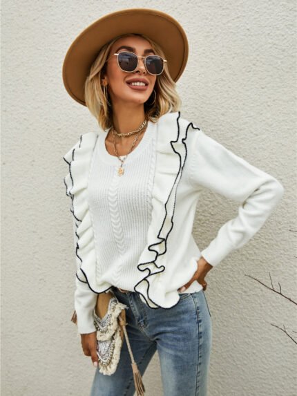 Solid Ruffle Trimed Knit Sweaters