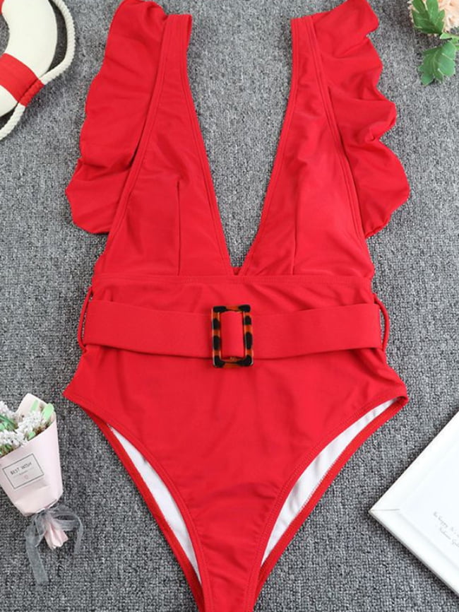 Solid V-Neck Ruffle One-Piece Swimsuit