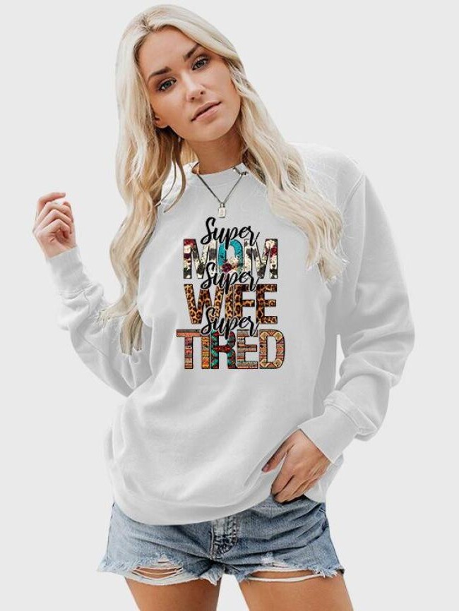 Solid color SUPER MOM print sweatshirt