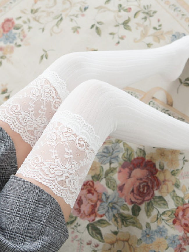 Solid color lace stitching knee socks 7