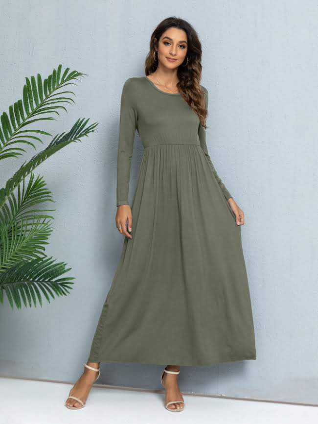 Solid color round neck casual dress 11