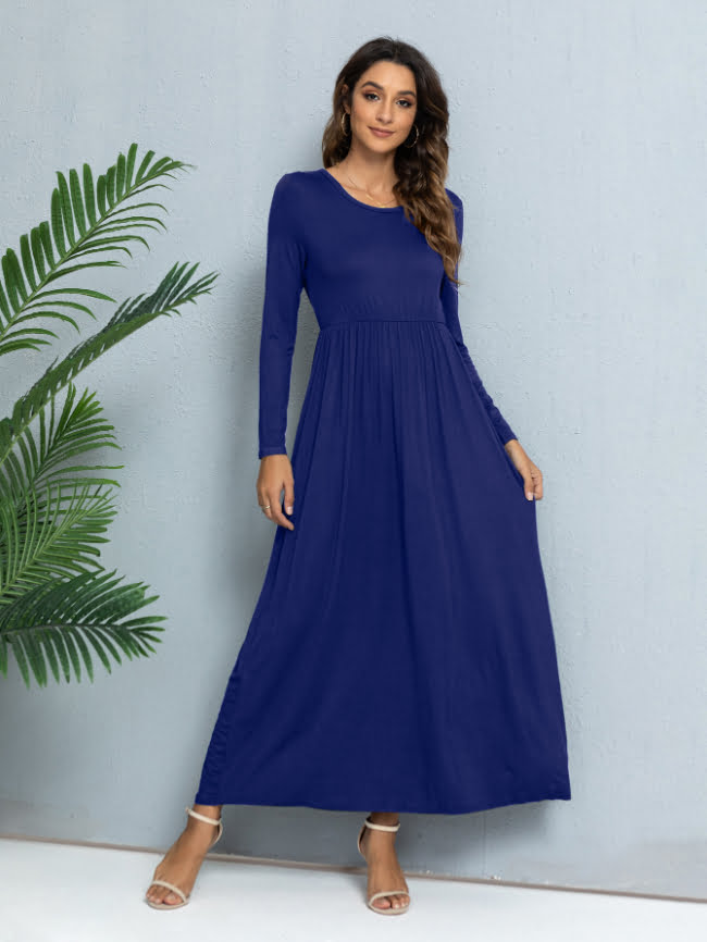 Solid color round neck casual dress 14