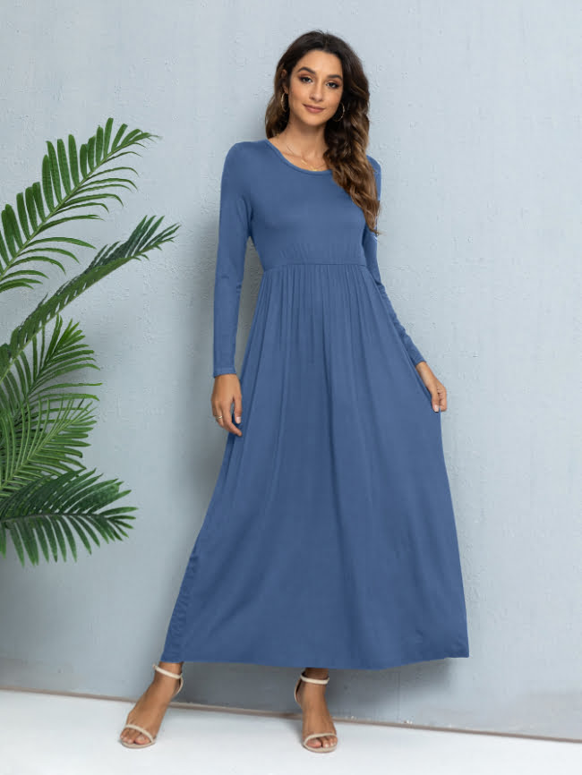 Solid color round neck casual dress 15