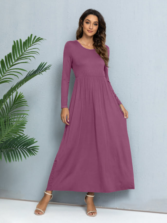 Solid color round neck casual dress 16