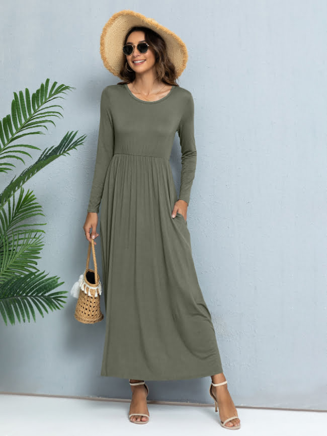 Solid color round neck casual dress 33