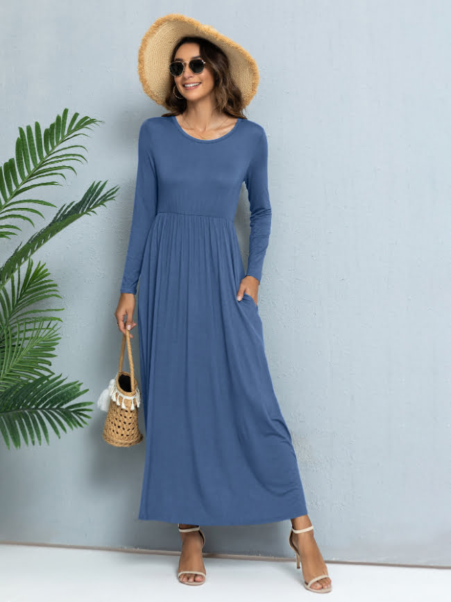Solid color round neck casual dress 36