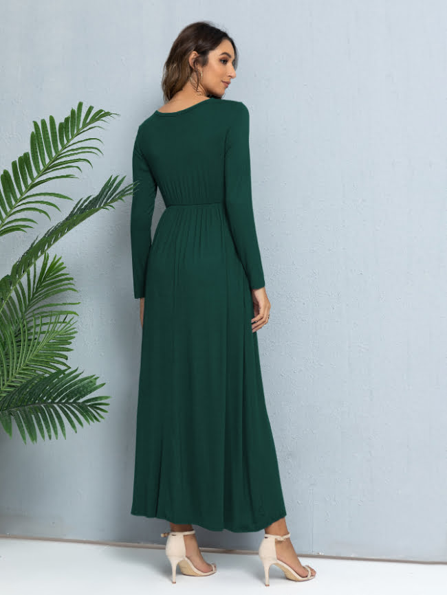 Solid color round neck casual dress 4
