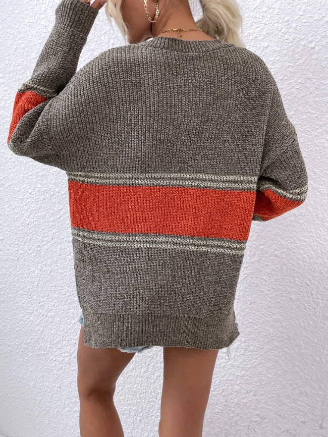 Striped Colorblock Split Knitted Sweater 1