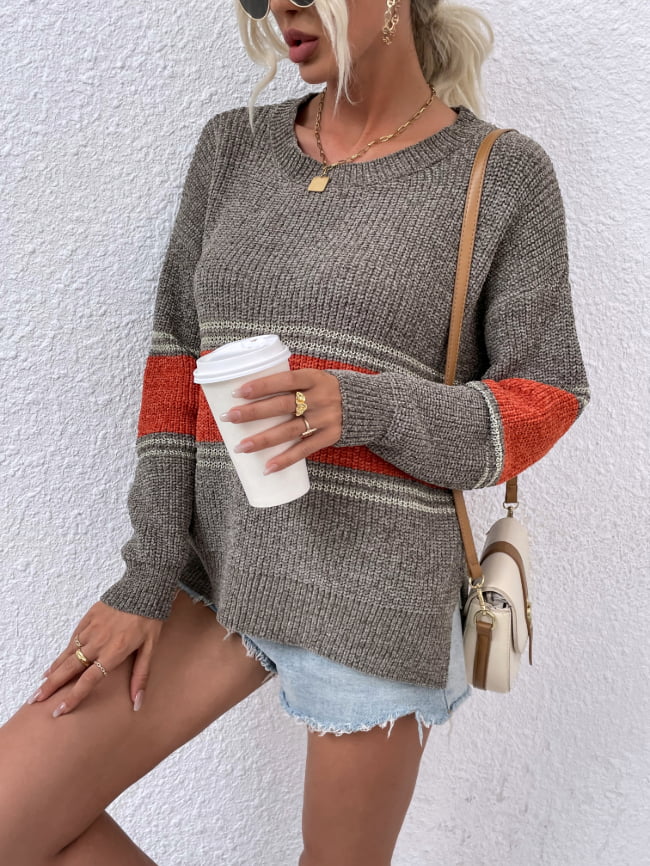 Striped Colorblock Split Knitted Sweater 4