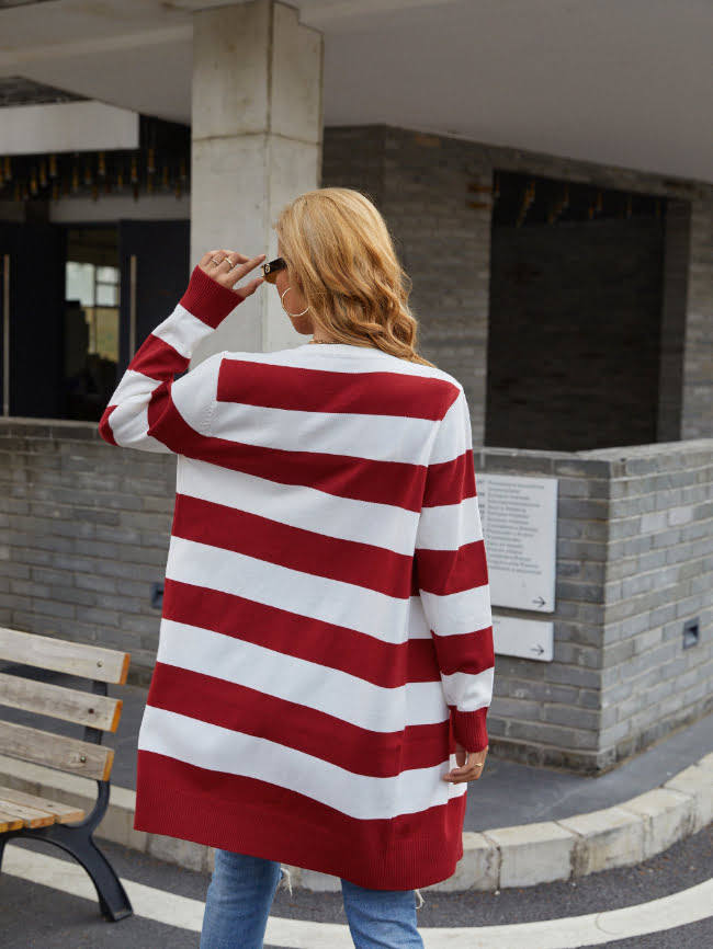 Striped Knitted Cardigan Midi Sweater 5