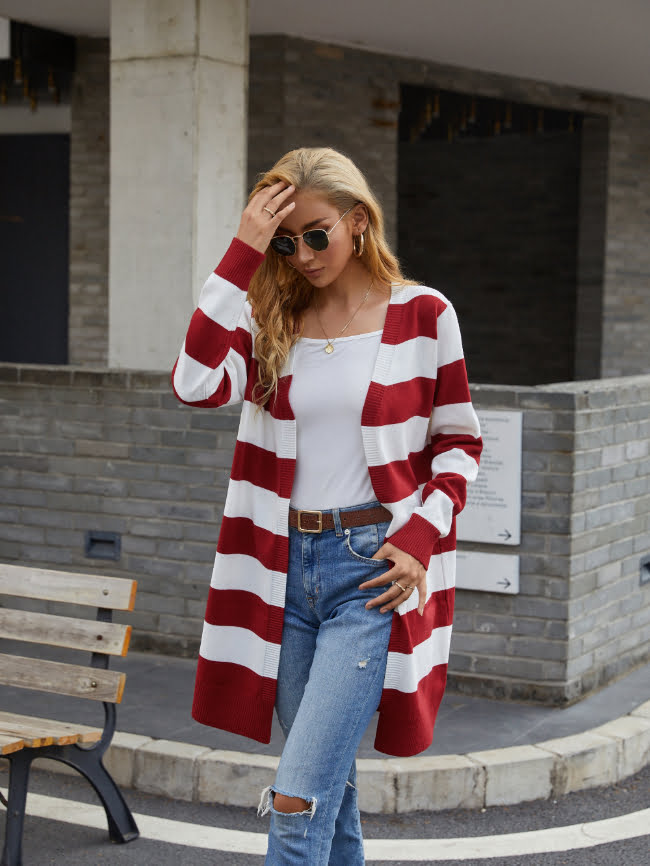 Striped Knitted Cardigan Midi Sweater 6