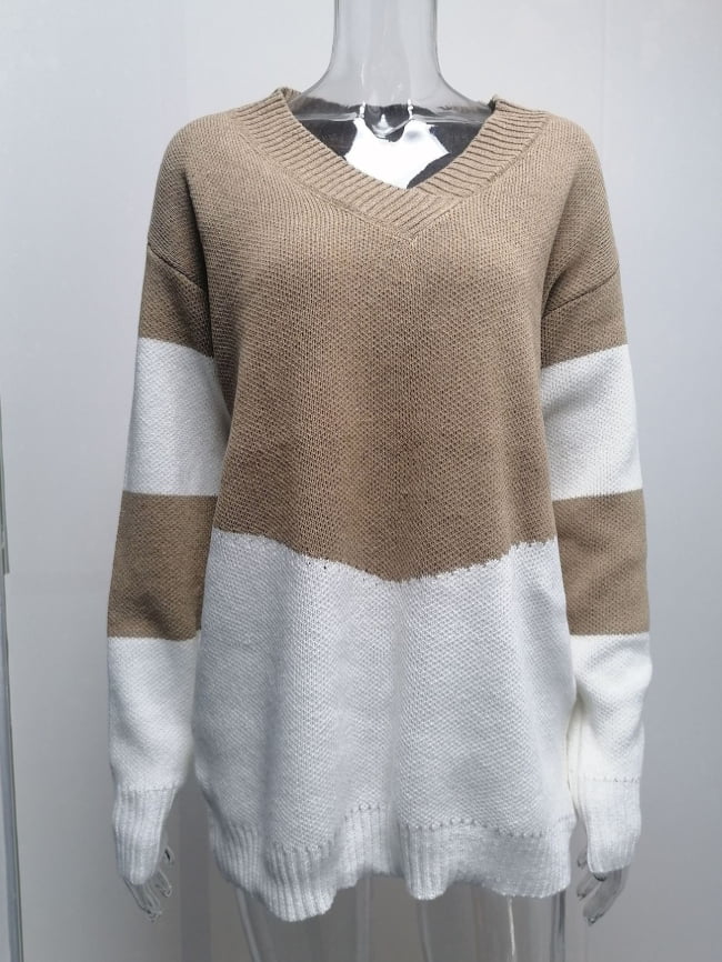 Wholesale Striped Print Colorblock V-neck Sweater