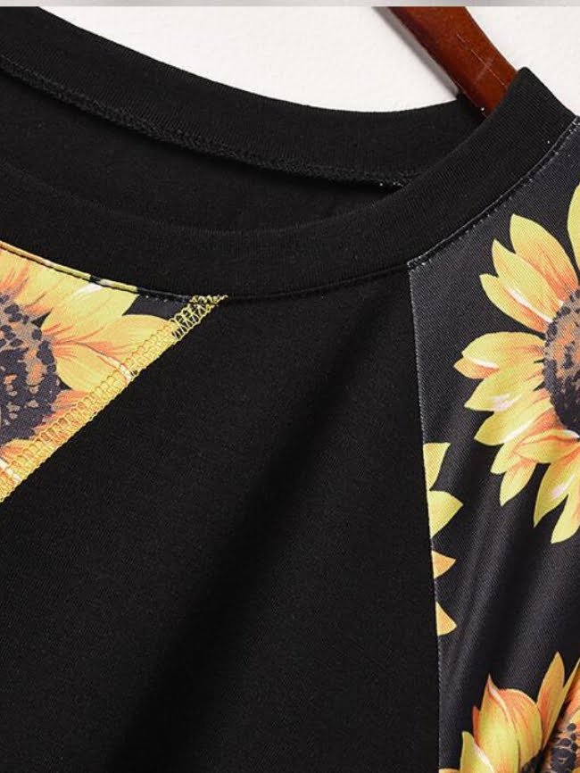 Wholesale Sunflower-print paneled long-sleeve top