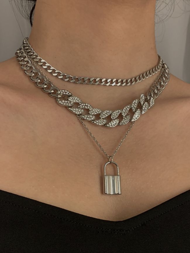 Thick Chain Vintage Lock Shaped Bracelet Necklace Set 3 1