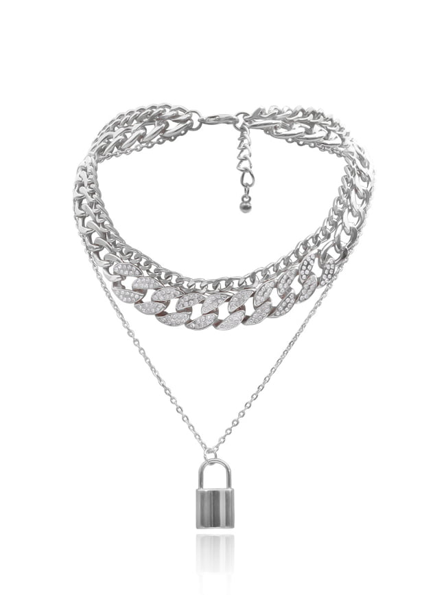 Thick Chain Vintage Set Lock Shaped Bracelet Necklace Set 3