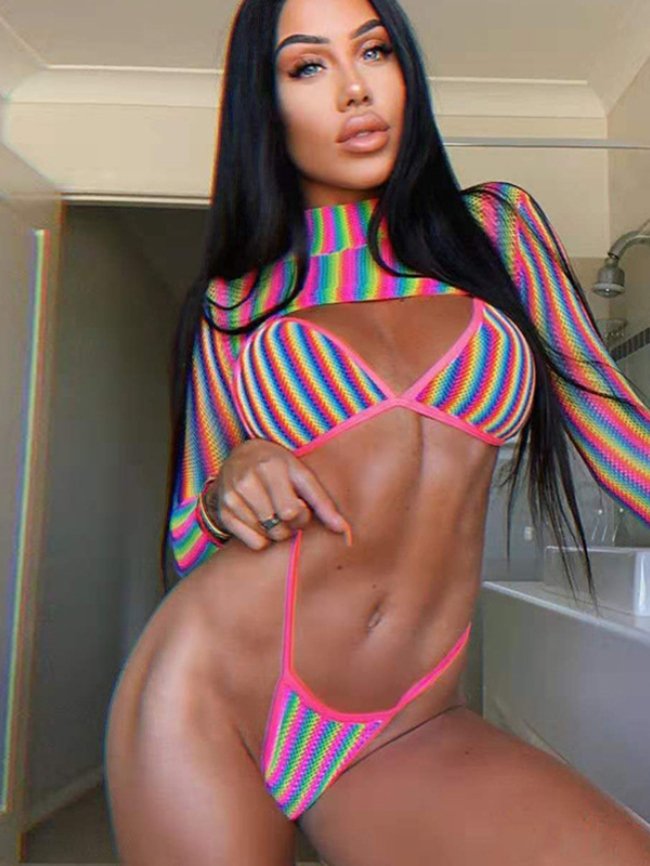 Three piece striped long sleeved swimsuit 6