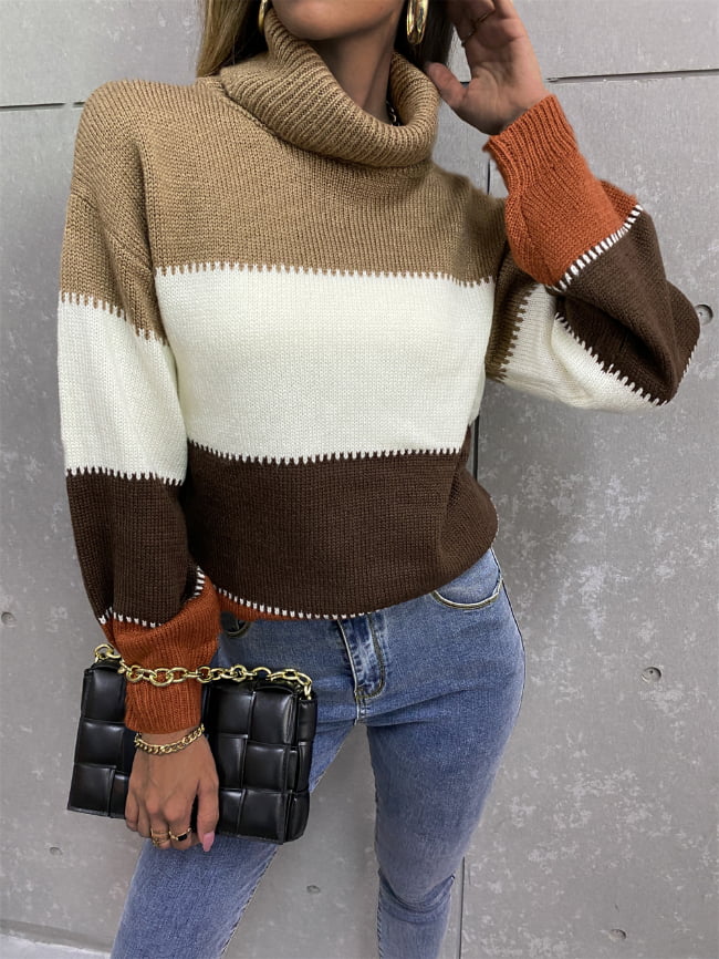 Wholesale Turtleneck Colorblock Knitted Sweater