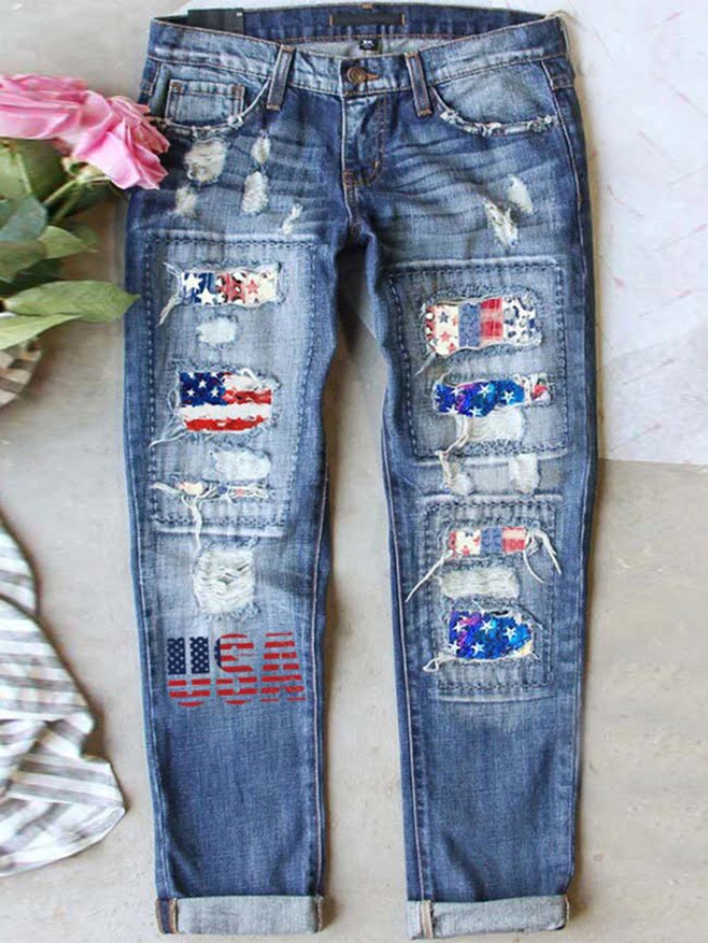 USA flag patch print chic jeans