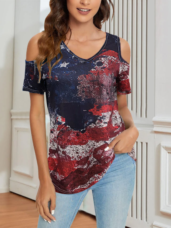 USA flag print off the shoulder T shirt 1