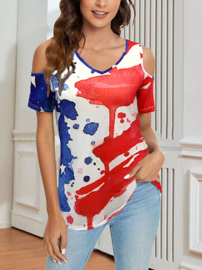 USA flag print off the shoulder T shirt 13