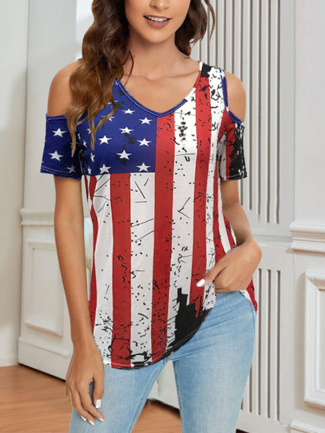 USA flag print off the shoulder T shirt 14