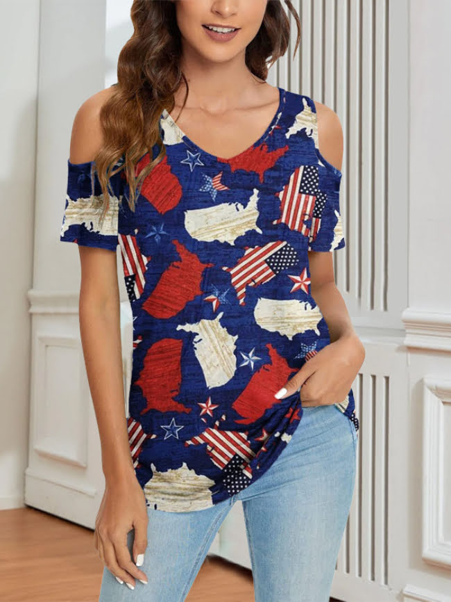 USA flag print off the shoulder T shirt 15