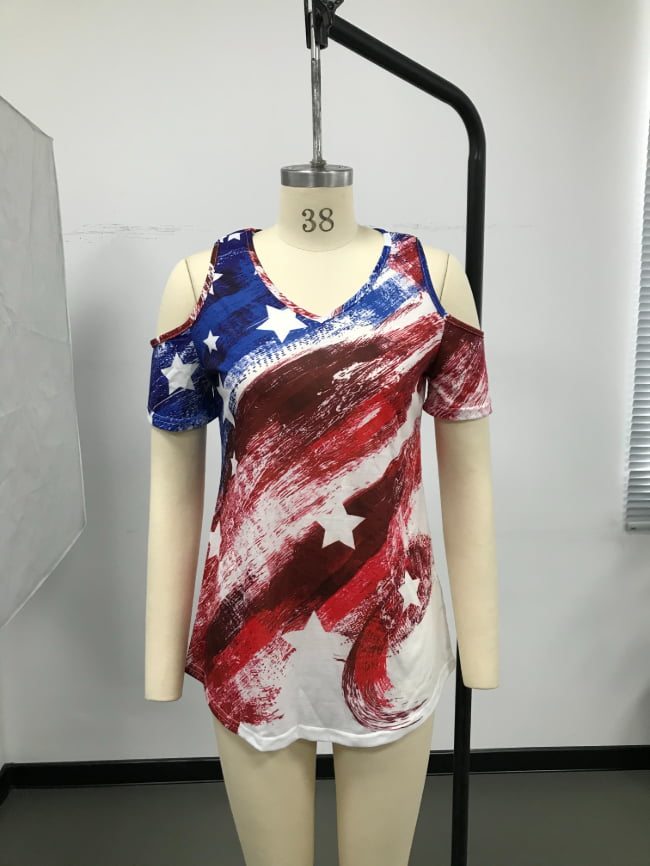 USA flag print off the shoulder T shirt 6