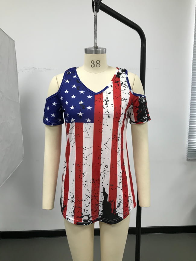 USA flag print off the shoulder T shirt 8