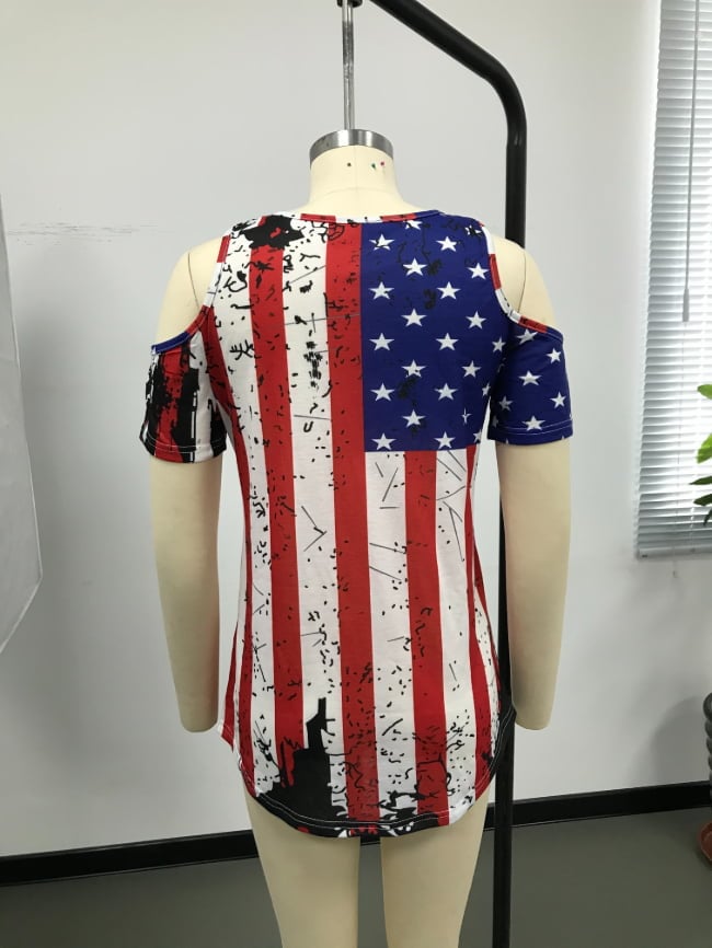 USA flag print off-the-shoulder T-shirt
