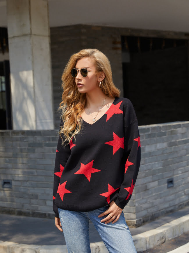 V neck Five pointed Star Knitted Sweater 10