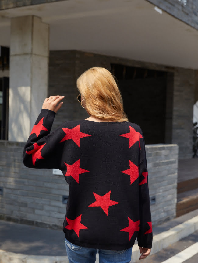 V neck Five pointed Star Knitted Sweater 9