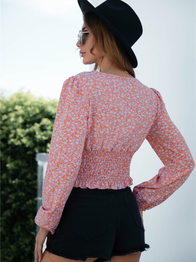 V-neck floral puff sleeve top