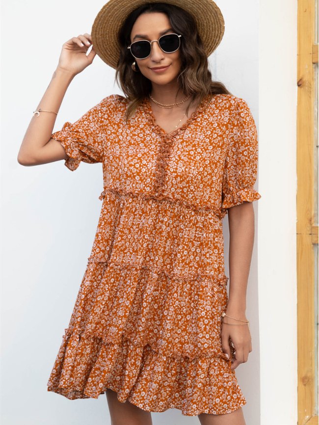 V-neck floral simple puff sleeve dress