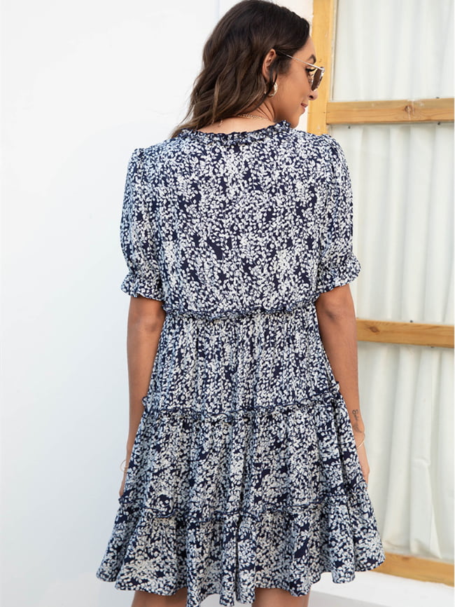 V-neck floral simple puff sleeve dress