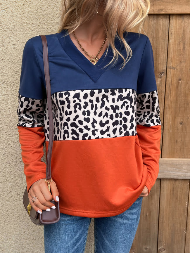 V-neck leopard print stitching casual top