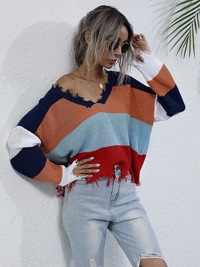 V-neck striped knit sweater