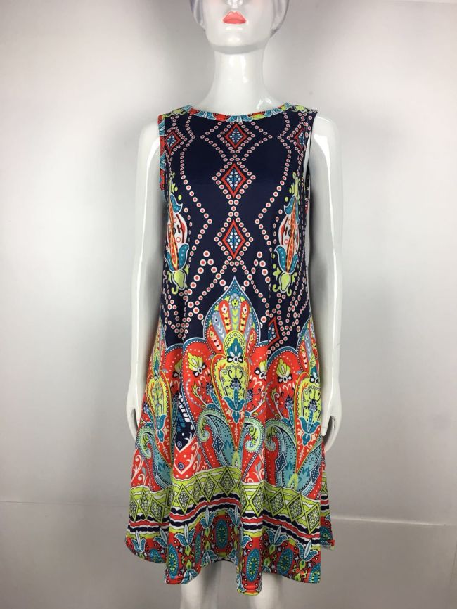 Wholesale Vintage Print Sleeveless Casual Dress