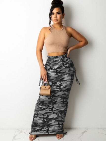 Wholesale Camouflage Drawstring Elastic Waist Skirt