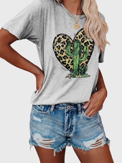 Wholesale Heart Cactus Print Short Sleeved T-Shirt