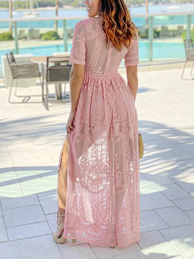 Wholesale Lace Cutout Deep V Slit Dress